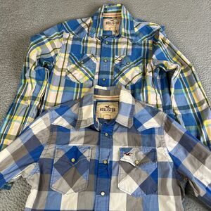Lot of 2 Hollister Shirts Mens S Blue Gray Plaid Pearl Snap Long Sleeve Western